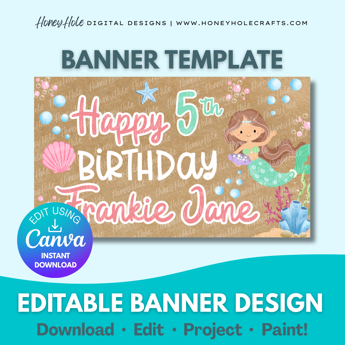 Mermaid Birthday Template | Seashell, Whimsical Under the Sea Party, Brown Paper | Editable digital banner template made by Honey Hole Crafts | Available at honeyholecrafts.com