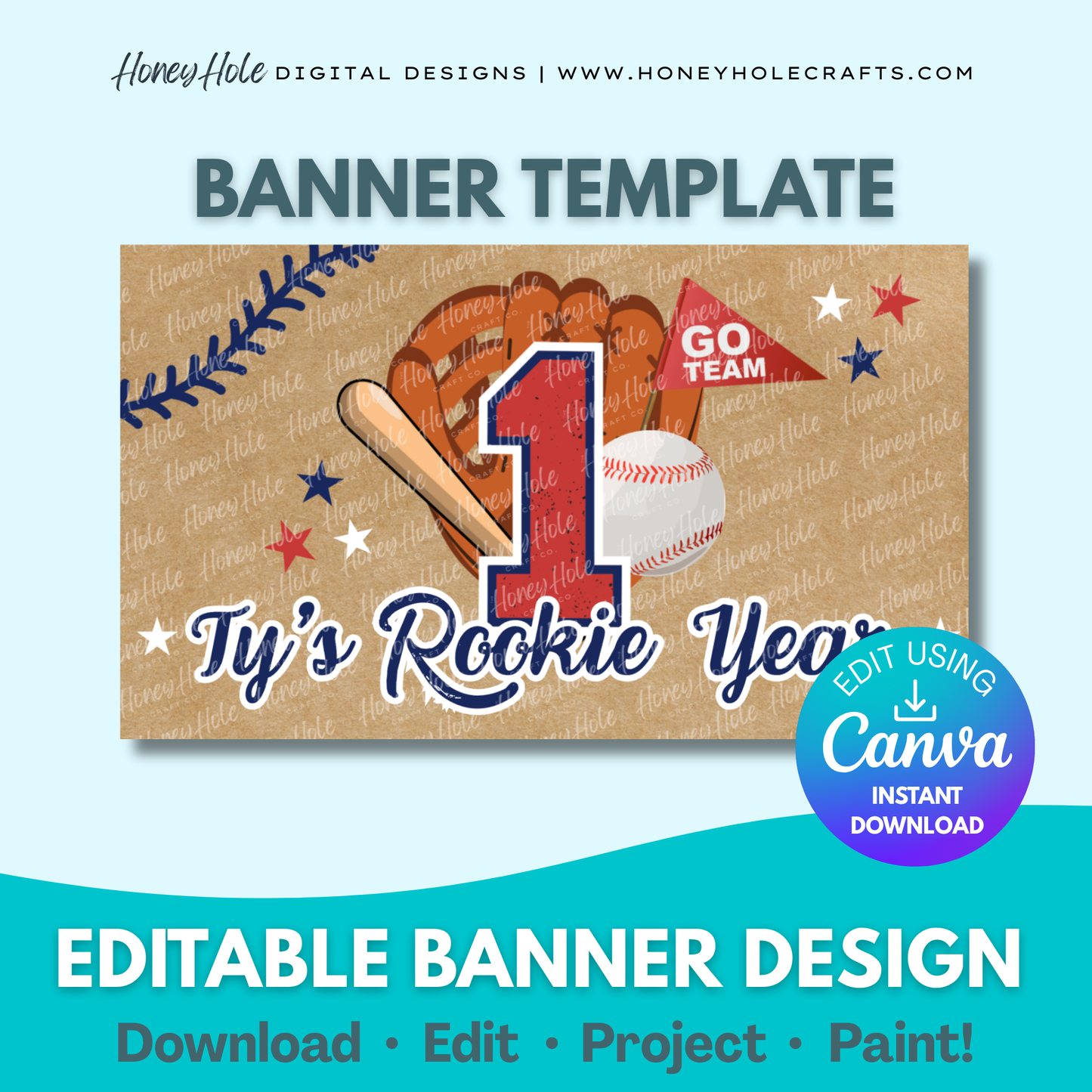 Rookie Year Birthday Template | Baseball, Bat, Ball Glove, 1st Boy Party, Brown Paper | Editable digital banner template made by Honey Hole Crafts | Available at honeyholecrafts.com