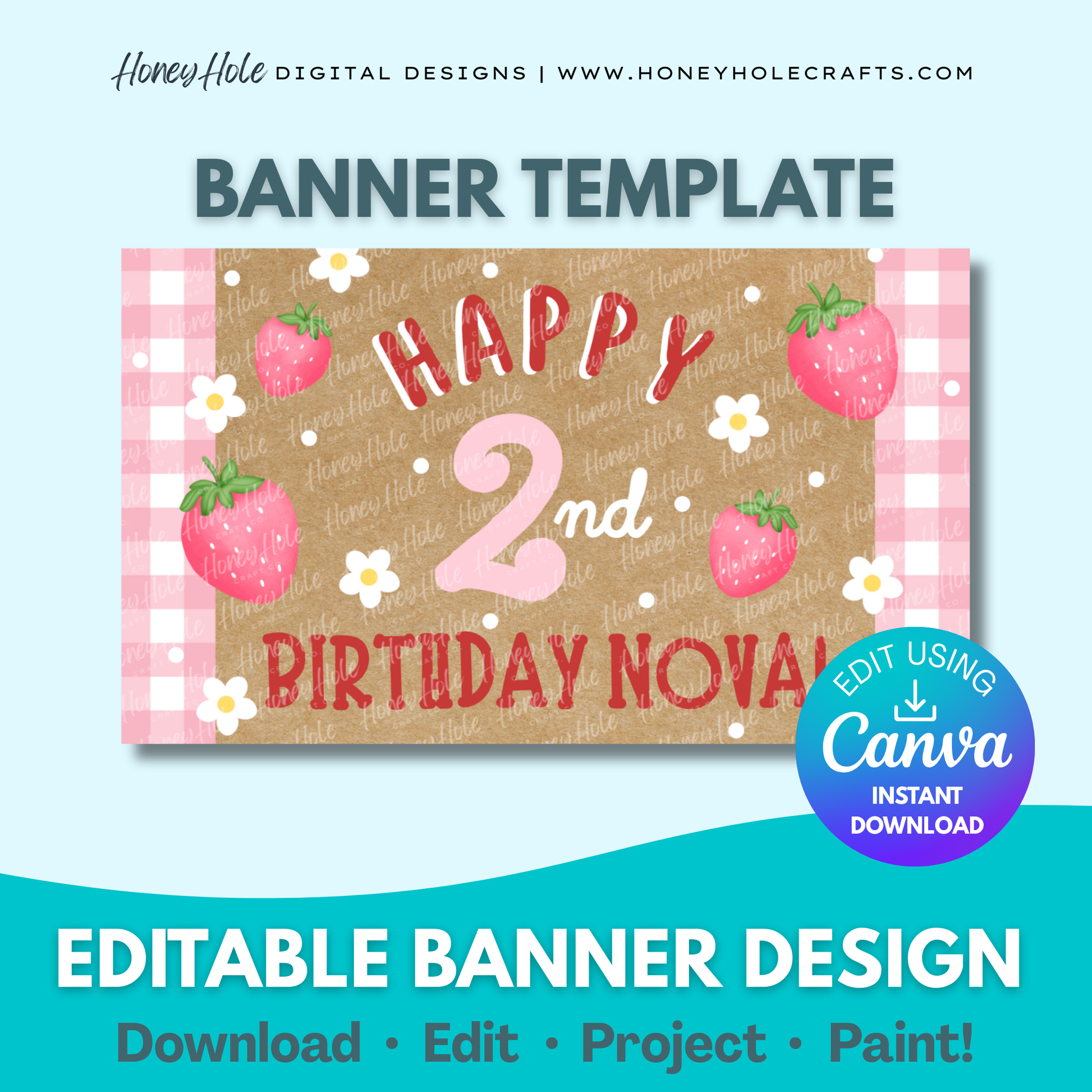 Strawberry Birthday Template | Daisy, Pink Gingham, Fruit, Brown Paper | Editable digital banner template made by Honey Hole Crafts | Available at honeyholecrafts.com