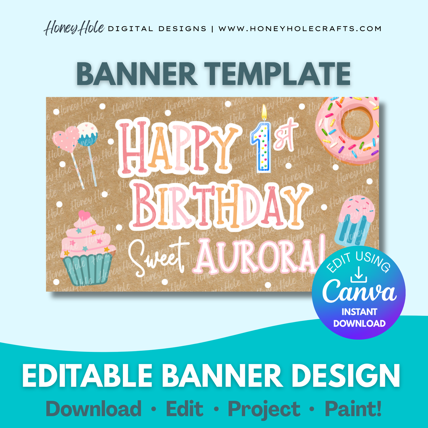 Sweet Birthday Template | Donut, Cupcake, Dessert, Brown Paper | Editable digital banner template made by Honey Hole Crafts | Available at honeyholecrafts.com
