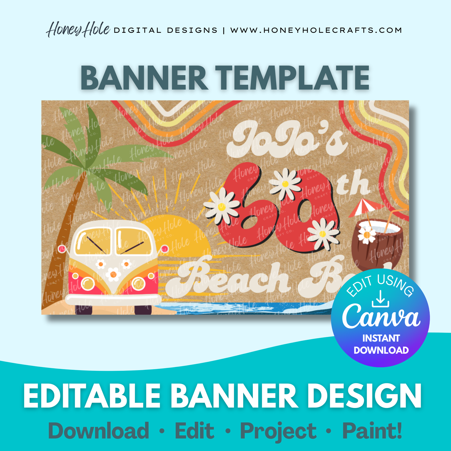 Beach Bash Birthday Template | Groovy, 70's vibe & muted colors, Brown Paper | Editable digital banner template made by Honey Hole Crafts | Available at honeyholecrafts.com