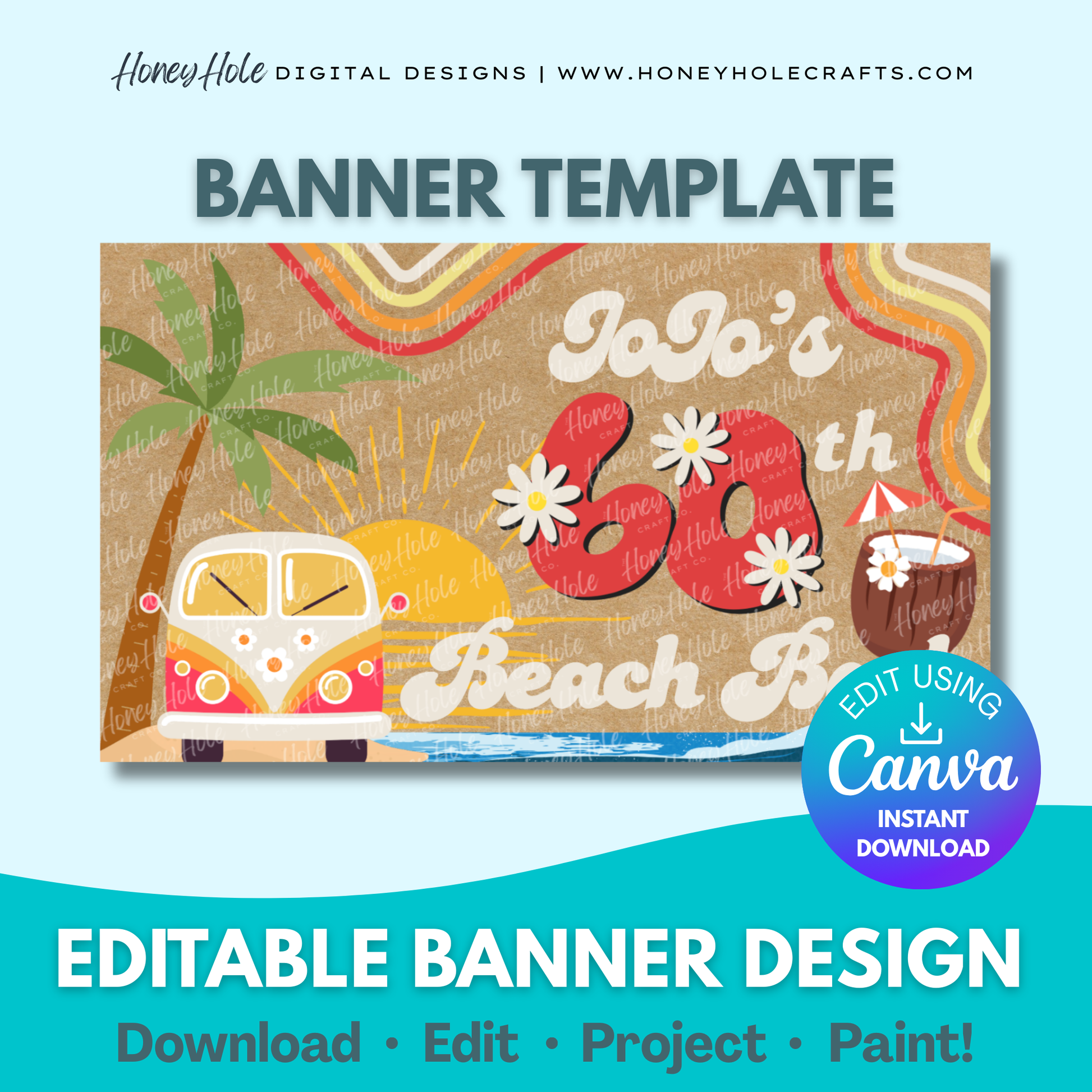 Beach Bash Birthday Template | Groovy, 70's vibe & muted colors, Brown Paper | Editable digital banner template made by Honey Hole Crafts | Available at honeyholecrafts.com