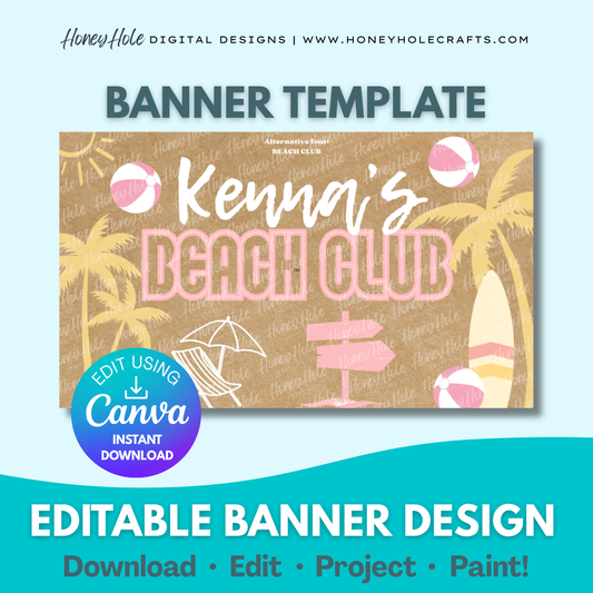 Beach Club Birthday editable digital banner template made by Honey Hole Crafts | [Beach Club, Palm Tree, Surf | Available at honeyholecrafts.com