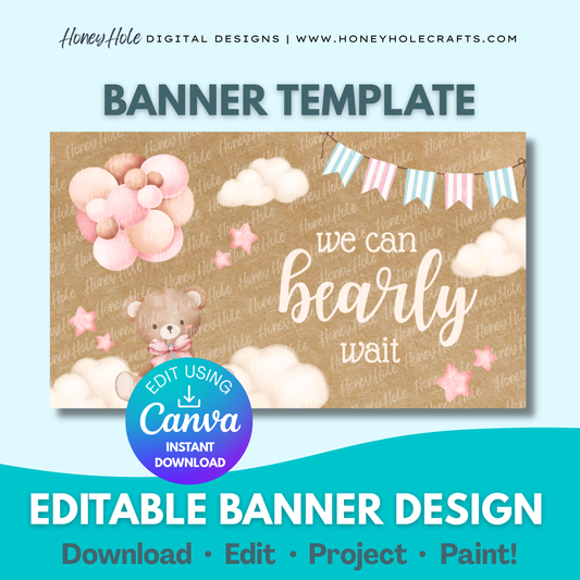 We Can Bearly Wait Baby Shower Template | Pink Balloons & Clouds, Brown Paper | Editable digital banner template made by Honey Hole Crafts | Available at honeyholecrafts.com