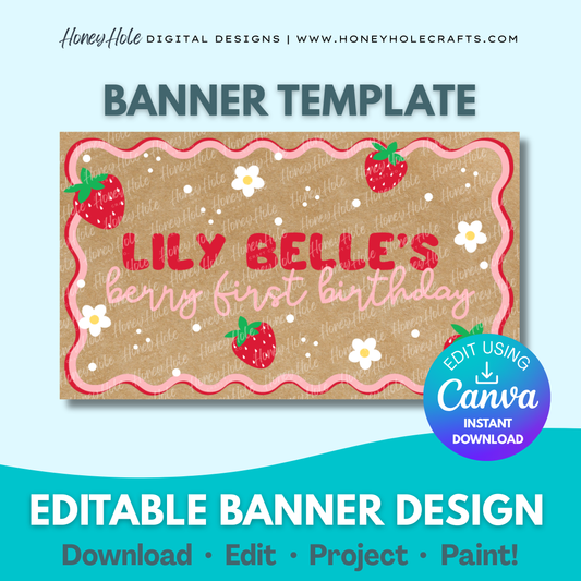 Berry First Birthday editable digital banner template made by Honey Hole Crafts | Strawberry, Daisy, Squiggle Border, Red and Pink | Available at honeyholecrafts.com
