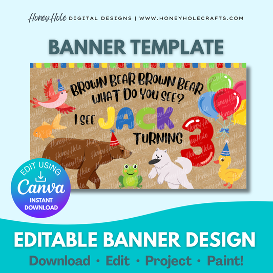 Birthday banner template with brown bear and friends, red number, and colorful text. | Editable digital banner template made by Honey Hole Crafts | Available at honeyholecrafts.com