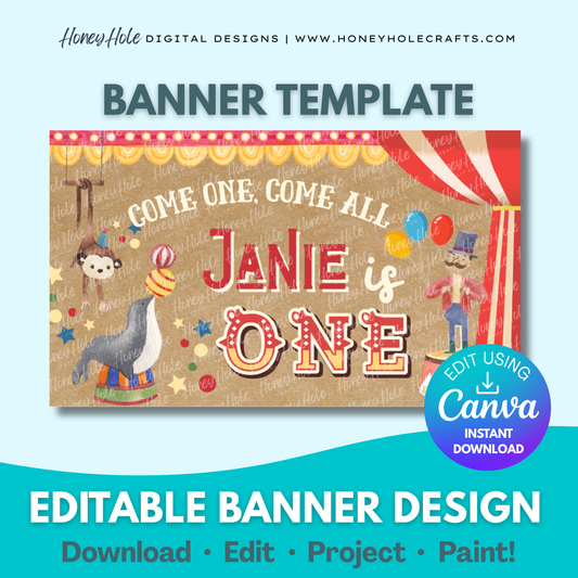 Circus-themed birthday banner template | Carnival Birthday Banner Template | Circus Party, Brown Paper, Editable Canva | Editable digital banner template made by Honey Hole Crafts | Available at honeyholecrafts.com