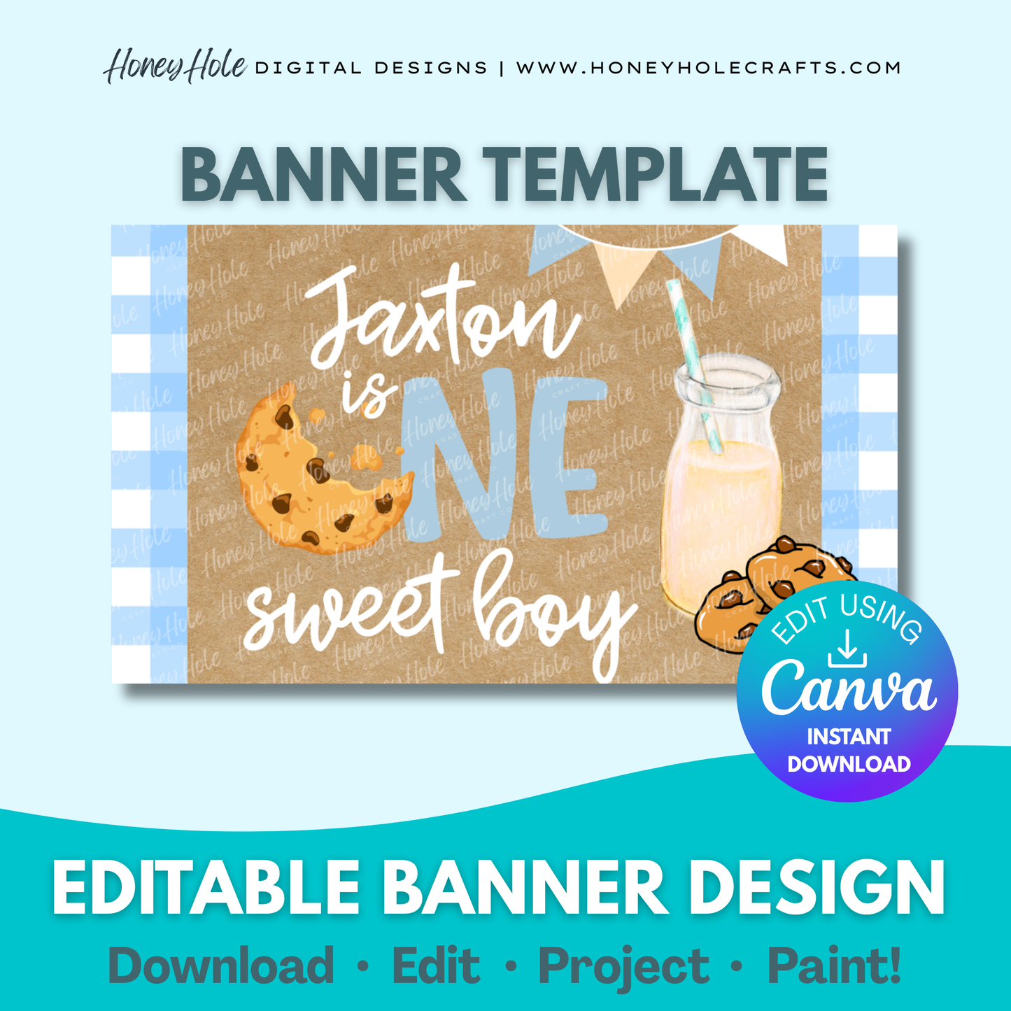 Milk & Cookies Birthday Banner Template | One Sweet Boy, Blue Gingham, Brown Paper, Editable Canva | Editable digital banner template made by Honey Hole Crafts | Available at honeyholecrafts.com