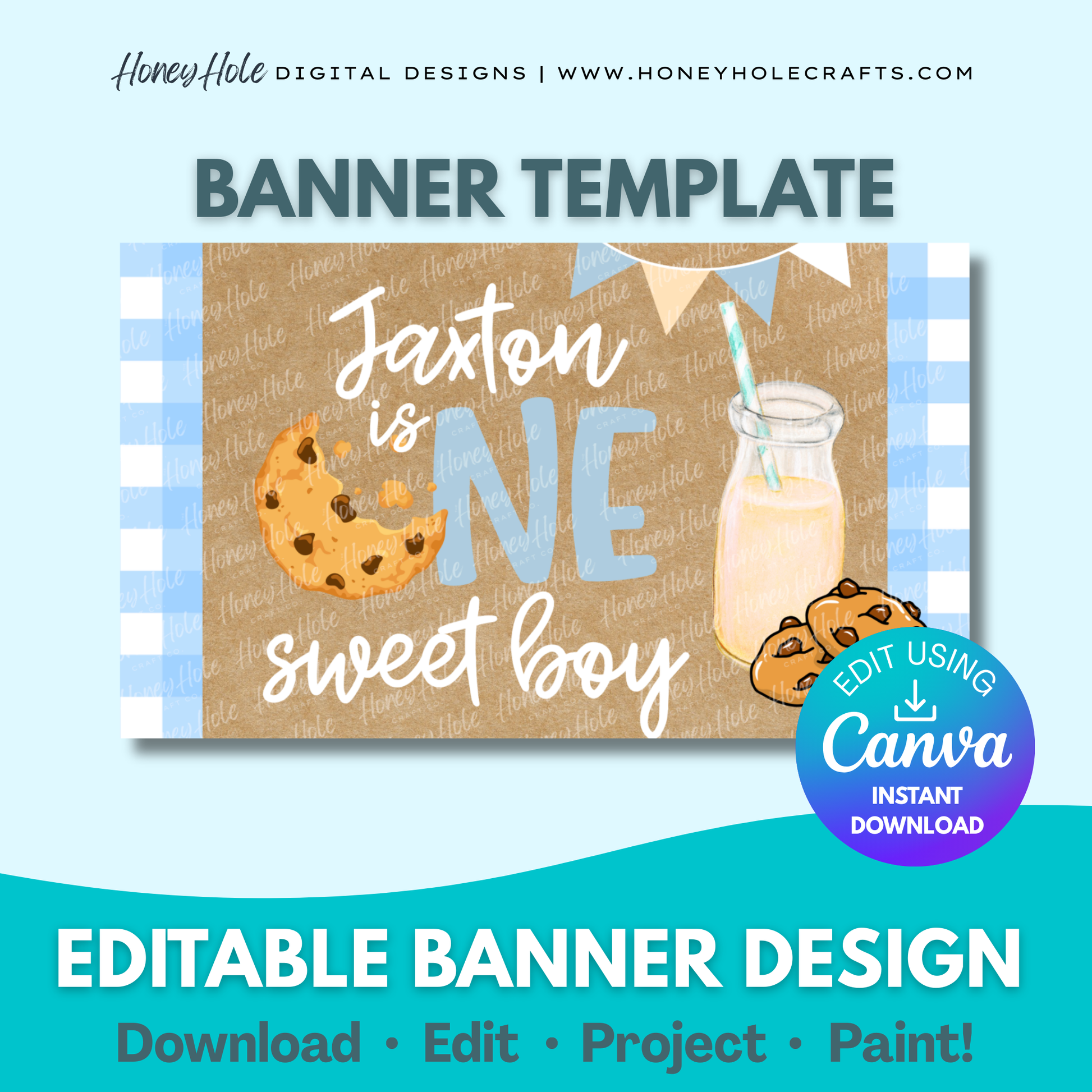 Milk & Cookies Birthday Banner Template | One Sweet Boy, Blue Gingham, Brown Paper, Editable Canva | Editable digital banner template made by Honey Hole Crafts | Available at honeyholecrafts.com