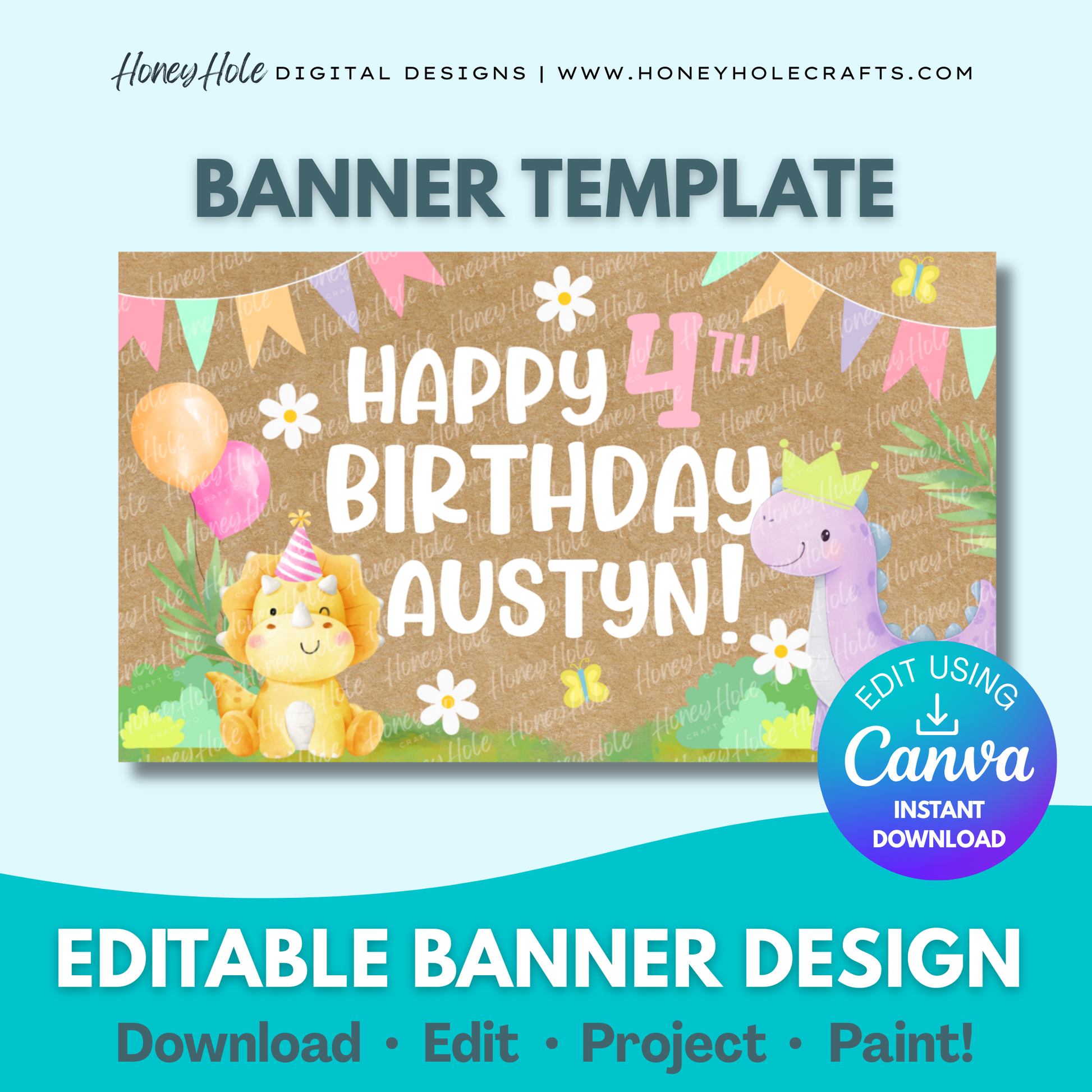 Dinosaur Birthday Banner Template | Girls Pastel Dino Party, Stomp Roar, Brown Paper, Editable Canva | Editable digital banner template made by Honey Hole Crafts | Available at honeyholecrafts.com
