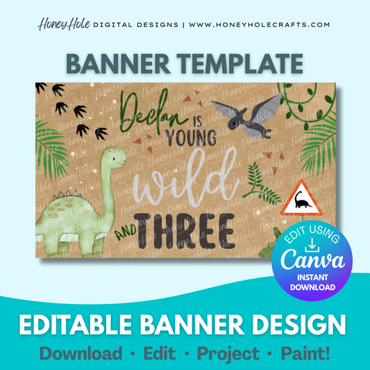 Dinosaur Birthday Banner Template | T-Rex Dino Party, Stomp Roar, Brown Paper, Editable Canva | Editable digital banner template made by Honey Hole Crafts | Available at honeyholecrafts.com
