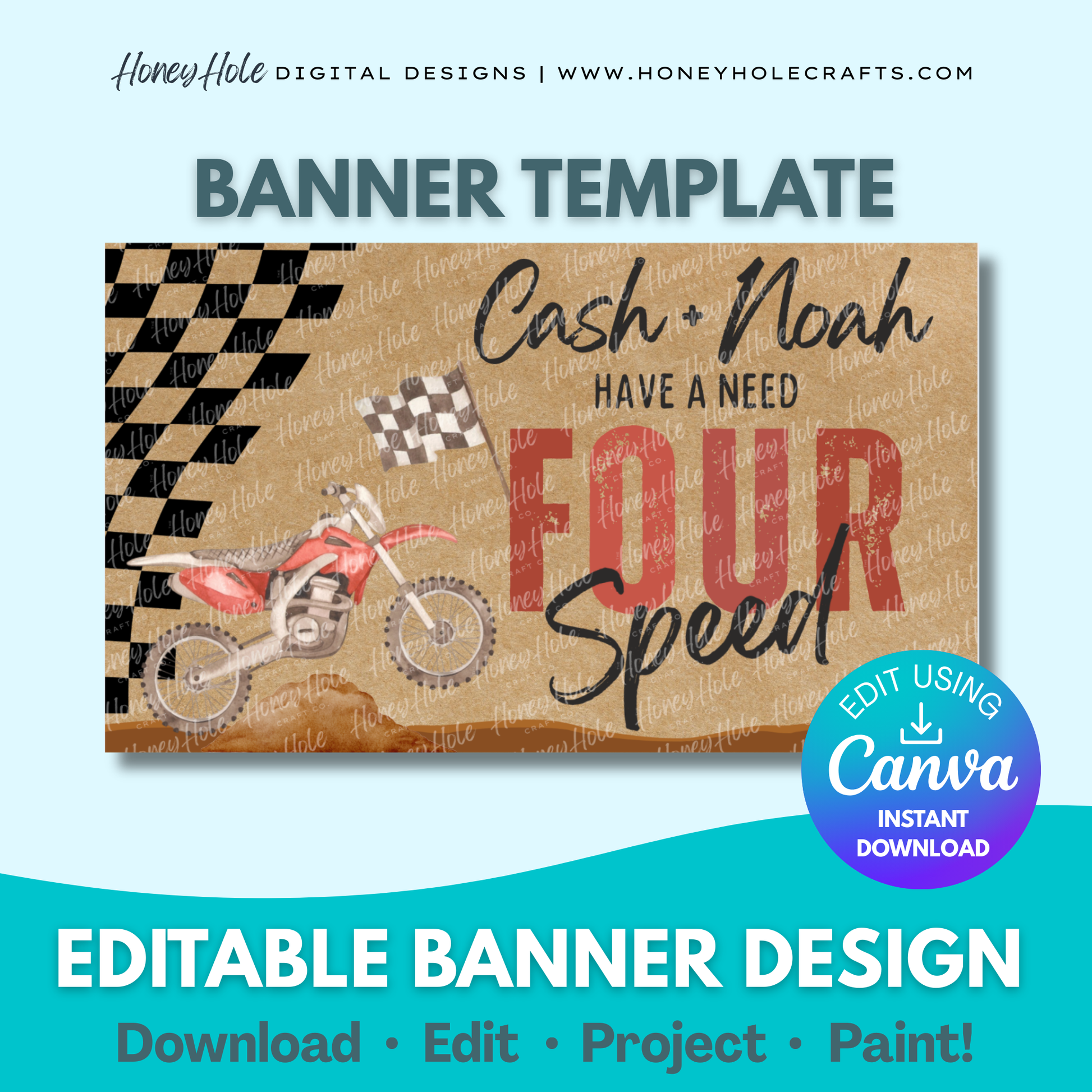 Dirt Bike Birthday Banner | Motocross BMX Party, Brown Paper, Editable Canva | Editable digital banner template made by Honey Hole Crafts | Available at honeyholecrafts.com
