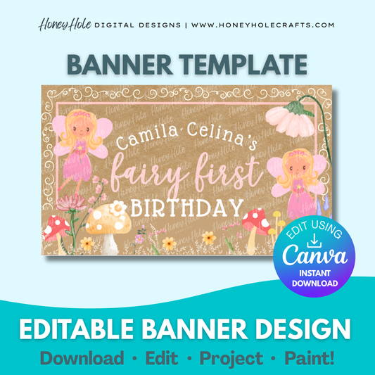 Fairy Birthday Banner Template | Whimsical Enchanted Magical Pixie Party, Brown Paper | Editable digital banner template made by Honey Hole Crafts | Available at honeyholecrafts.com