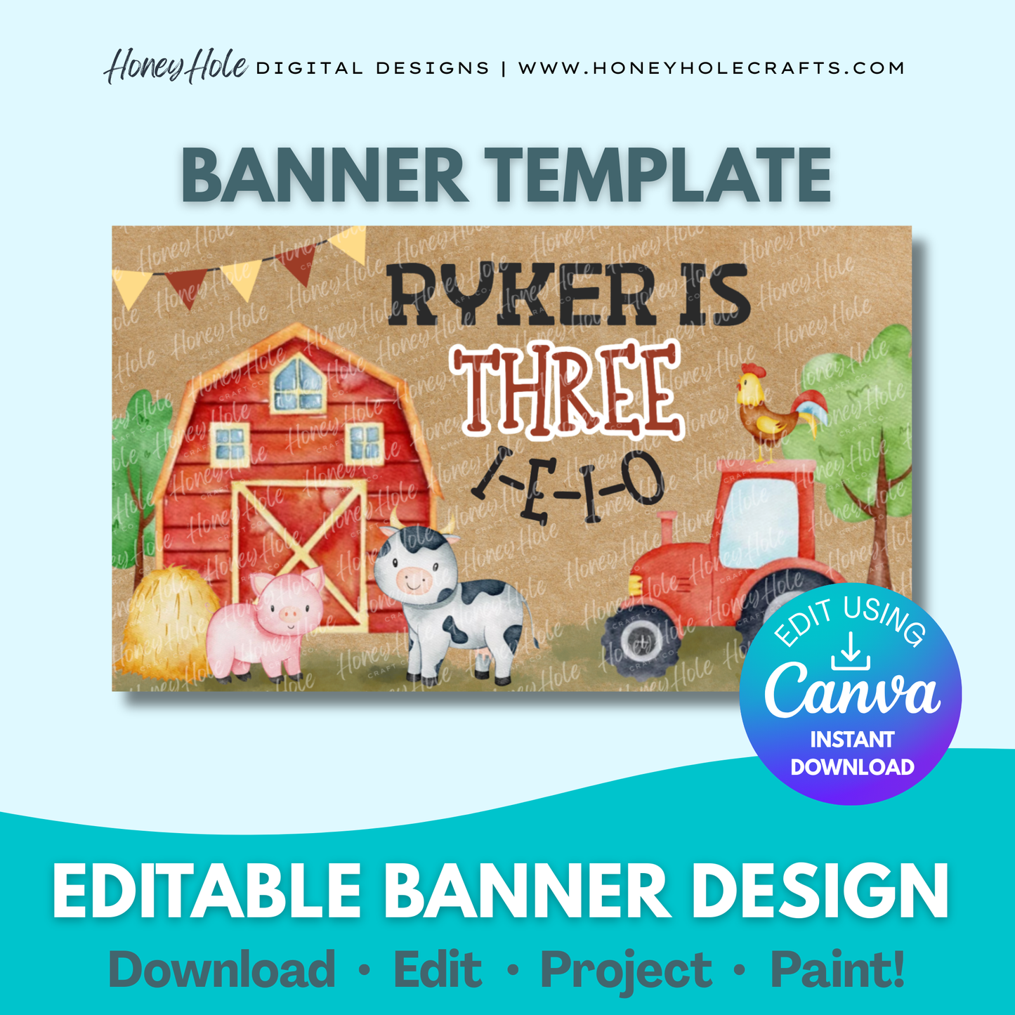 Farm Animals Birthday Banner Template | Party Animals, Barnyard Party, Brown Paper | Editable digital banner template made by Honey Hole Crafts | Available at honeyholecrafts.com