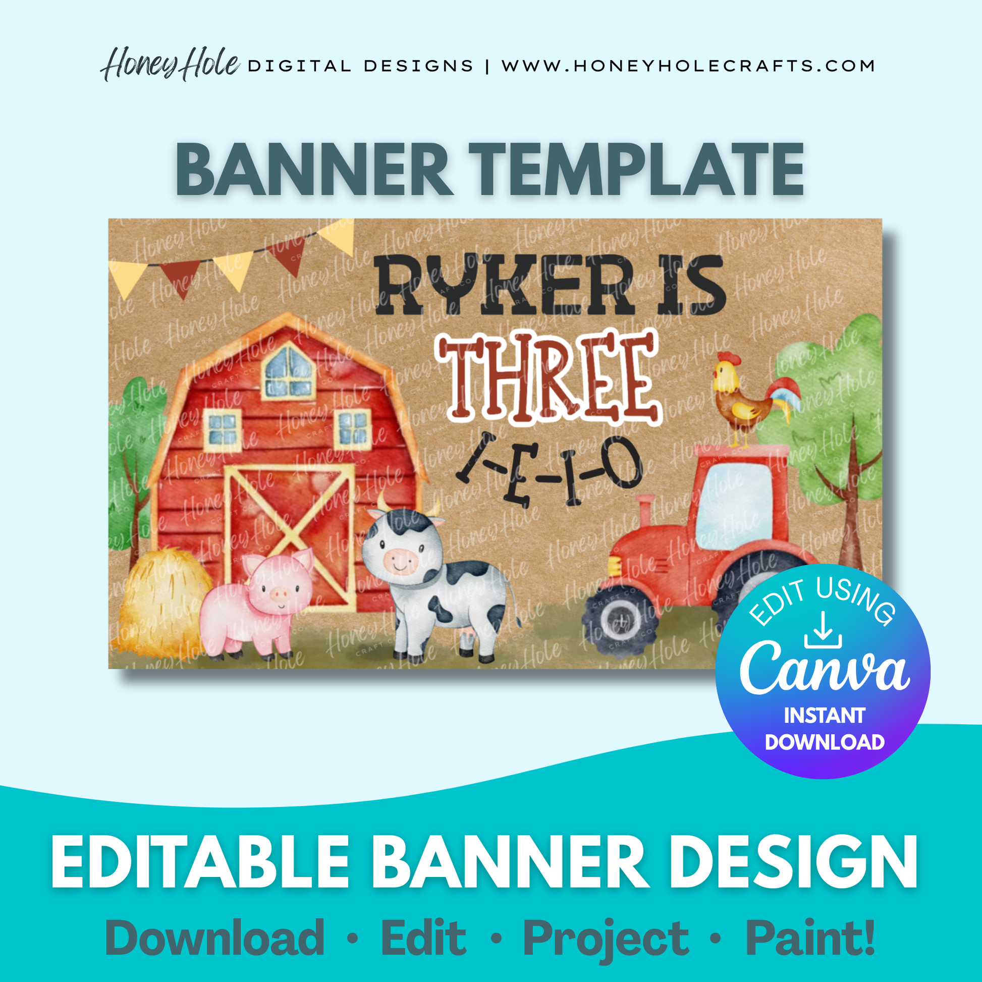 Farm Animals Birthday Banner Template | Party Animals, Barnyard Party, Brown Paper | Editable digital banner template made by Honey Hole Crafts | Available at honeyholecrafts.com