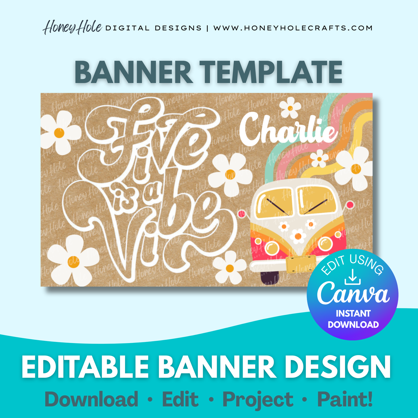 Five is Vibe Birthday Banner Template | Peace, Love, Groovy Rainbow Party, Brown Paper | Editable digital banner template made by Honey Hole Crafts | Available at honeyholecrafts.com