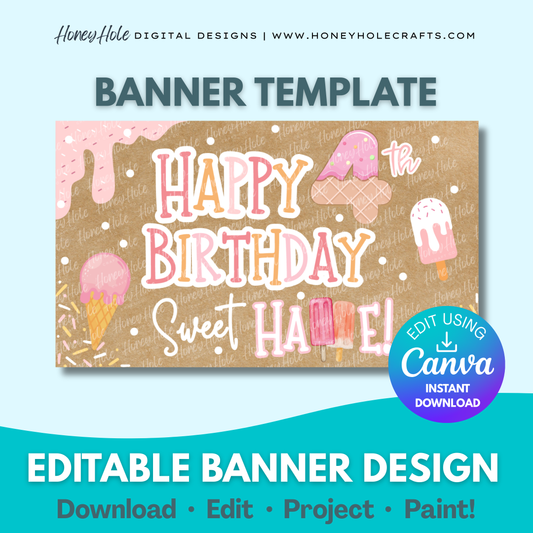Frozen Treat Birthday Template | Ice Cream, Popsicle, Brown Paper | Editable digital banner template made by Honey Hole Crafts | Available at honeyholecrafts.com