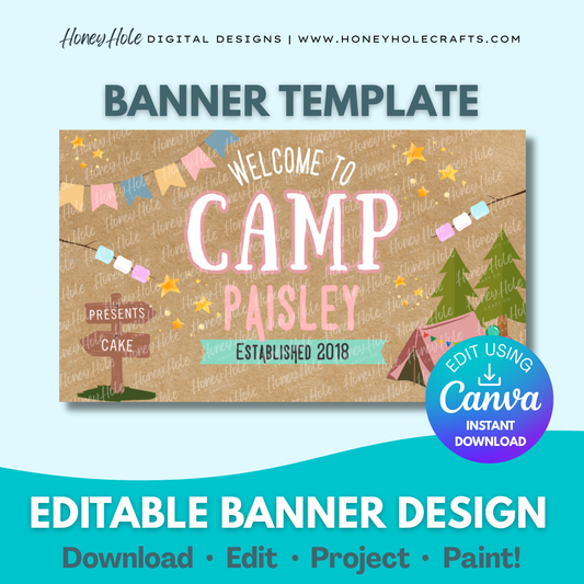 Girl's Camping Birthday | Bonfire S'mores Party, Campers | Editable digital banner template made by Honey Hole Crafts | Available at honeyholecrafts.com