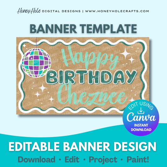 Basic Girly Birthday editable digital banner template made by Honey Hole Crafts | Fun, Squiggle Border, Disco Ball | Available at honeyholecrafts.com