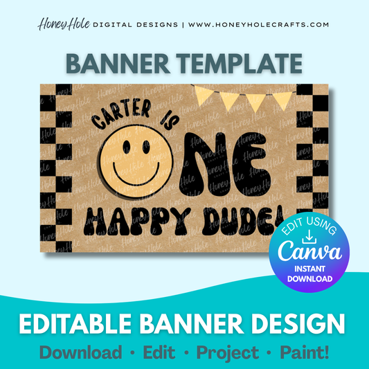 One Happy Dude Birthday Template | Smiley Face, Checkered Party, Brown Paper | Editable digital banner template made by Honey Hole Crafts | Available at honeyholecrafts.com