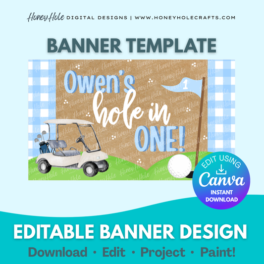 Boy Hole In One Birthday Template | Golf Cart & Clubs, Gingham, Brown Paper | Editable digital banner template made by Honey Hole Crafts | Available at honeyholecrafts.com
