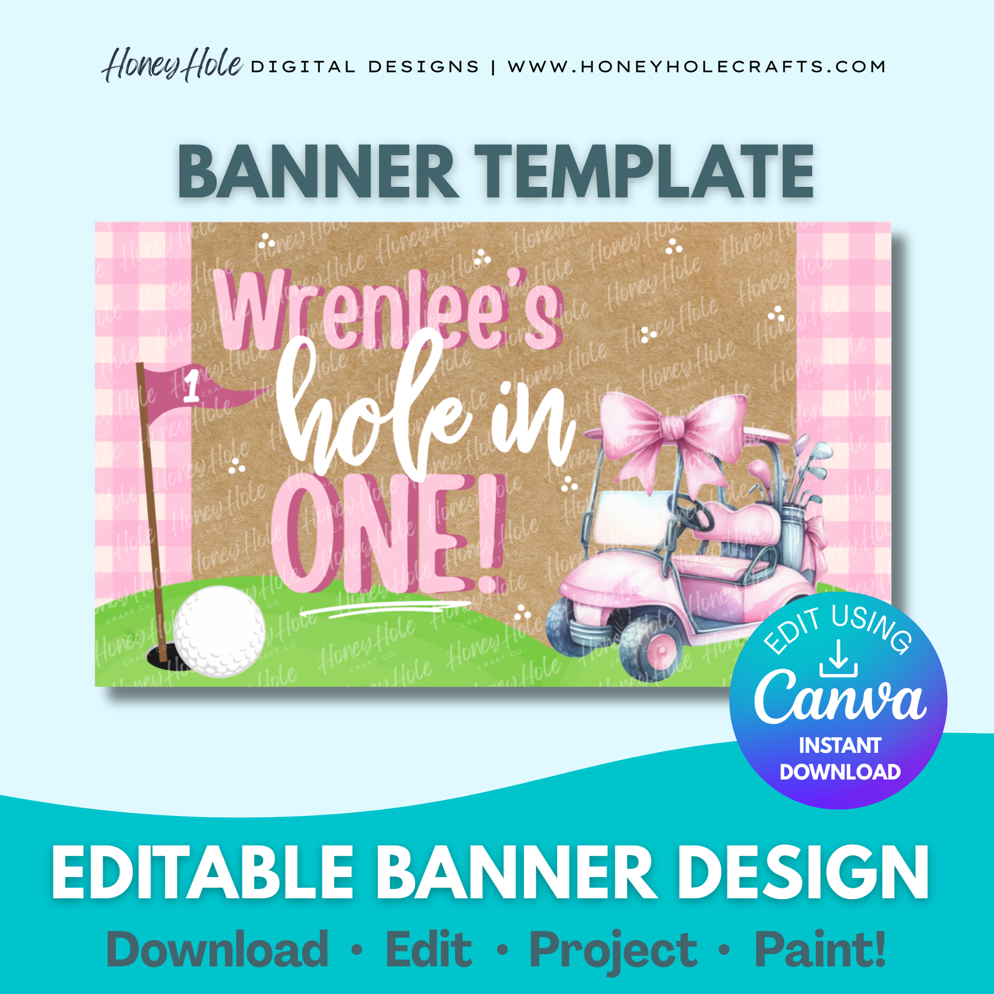 Girl Hole In One Birthday Template | Golf Cart & Clubs, Gingham, Brown Paper | Editable digital banner template made by Honey Hole Crafts | Available at honeyholecrafts.com