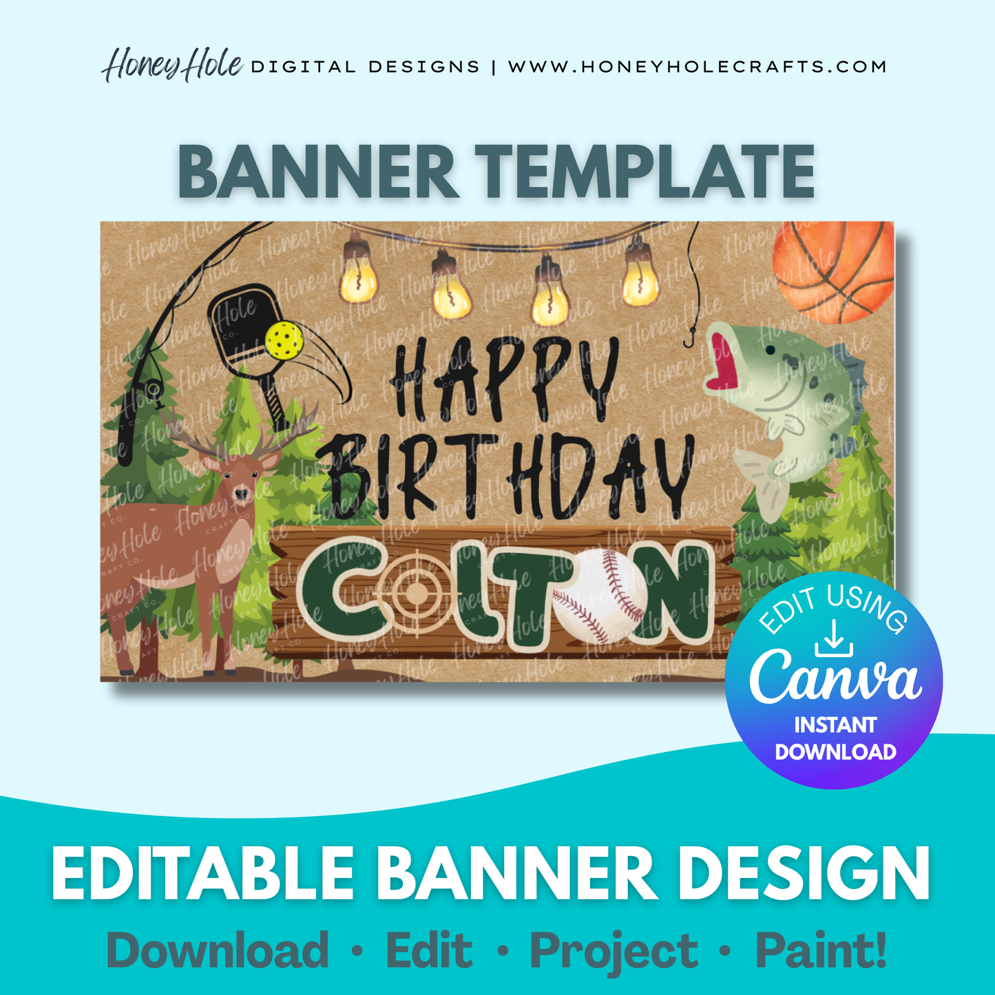 Hunting Fishing Sports Birthday Template | Outdoors, Basketball, Pickleball, Deer, Brown Paper | Editable digital banner template made by Honey Hole Crafts | Available at honeyholecrafts.com