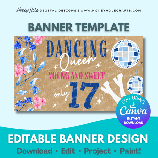Mamma Mia Inspired Birthday Template | Musical, Floral, Blue & Pink Disco, Brown Paper | Editable digital banner template made by Honey Hole Crafts | Available at honeyholecrafts.com