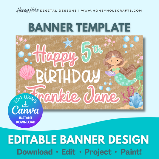 Mermaid Birthday Template | Seashell, Whimsical Under the Sea Party, Brown Paper | Editable digital banner template made by Honey Hole Crafts | Available at honeyholecrafts.com