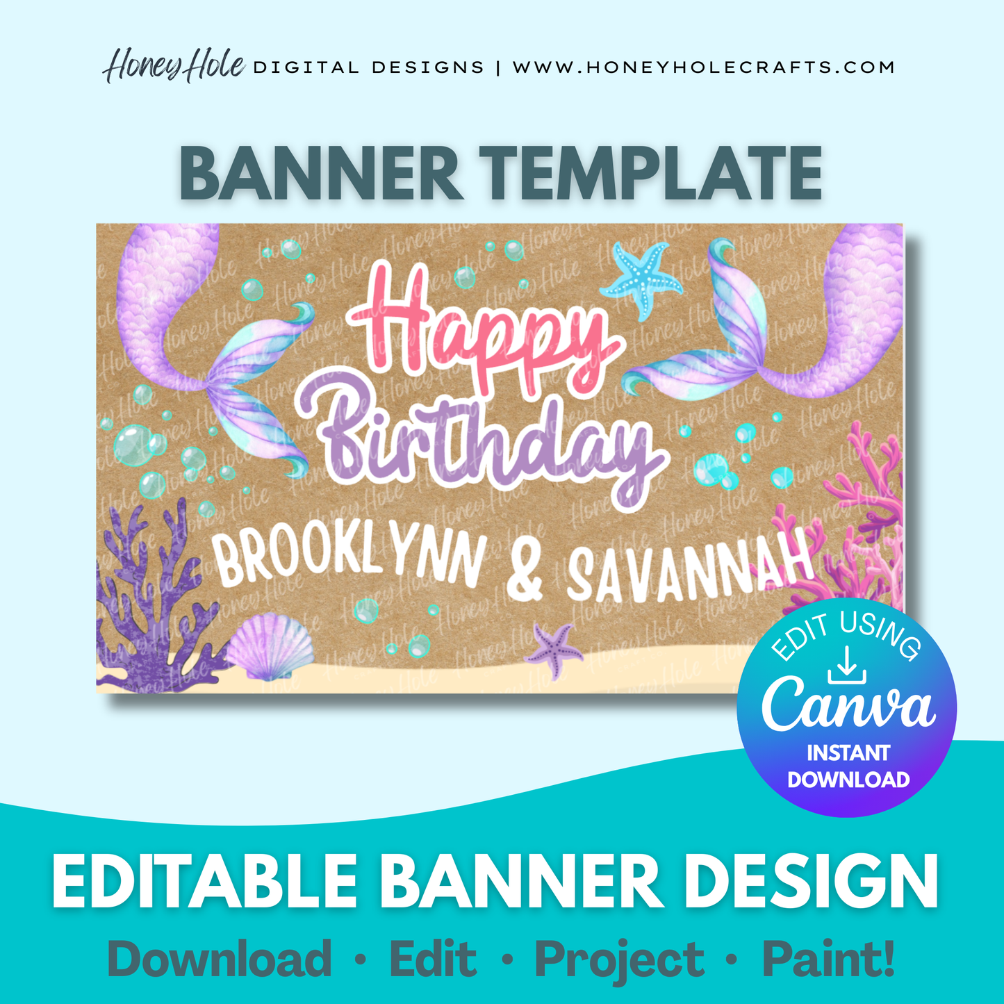 Mermaid Tails Birthday Template | Seashell, Under the Sea Party, Brown Paper | Editable digital banner template made by Honey Hole Crafts | Available at honeyholecrafts.com