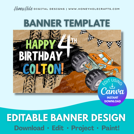 Monster Truck Birthday Template | Monster Jam Inspired, Checkered Flags, Dirt Tracks, Brown Paper | Editable digital banner template made by Honey Hole Crafts | Available at honeyholecrafts.com