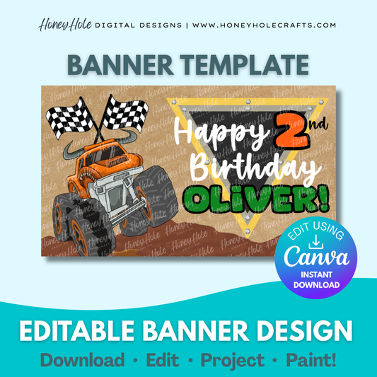 Monster Truck Birthday Template | Monster Jam, Brown Paper | Editable digital banner template made by Honey Hole Crafts | Available at honeyholecrafts.com