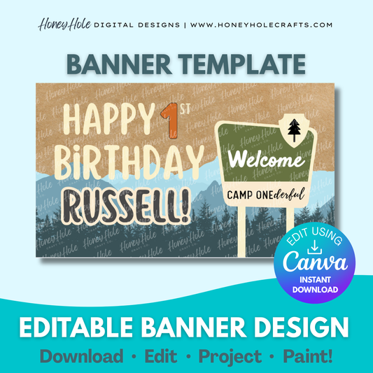 National Park Birthday, Adventure Begins, Camping Party, Brown Paper, Editable Canva | Editable digital banner template made by Honey Hole Crafts | Available at honeyholecrafts.com