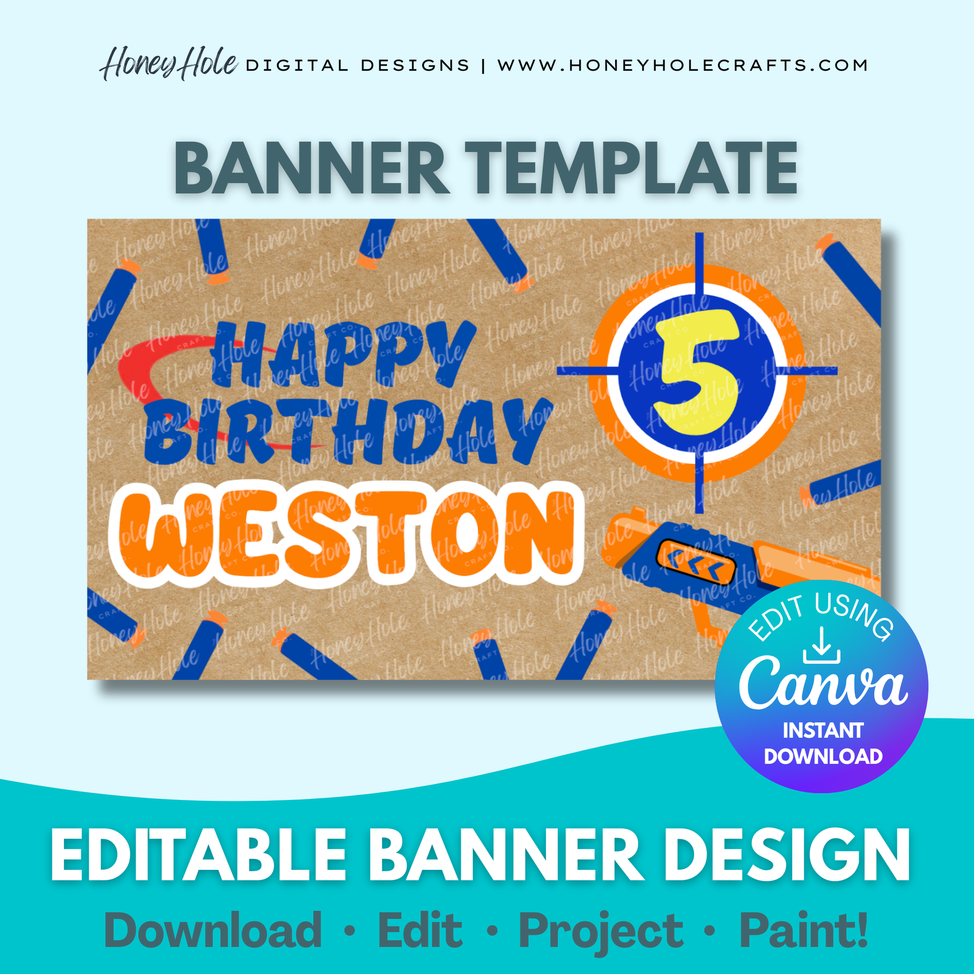 Nerf Party Birthday Template | Bullseye, Brown Paper | Editable digital banner template made by Honey Hole Crafts | Available at honeyholecrafts.com