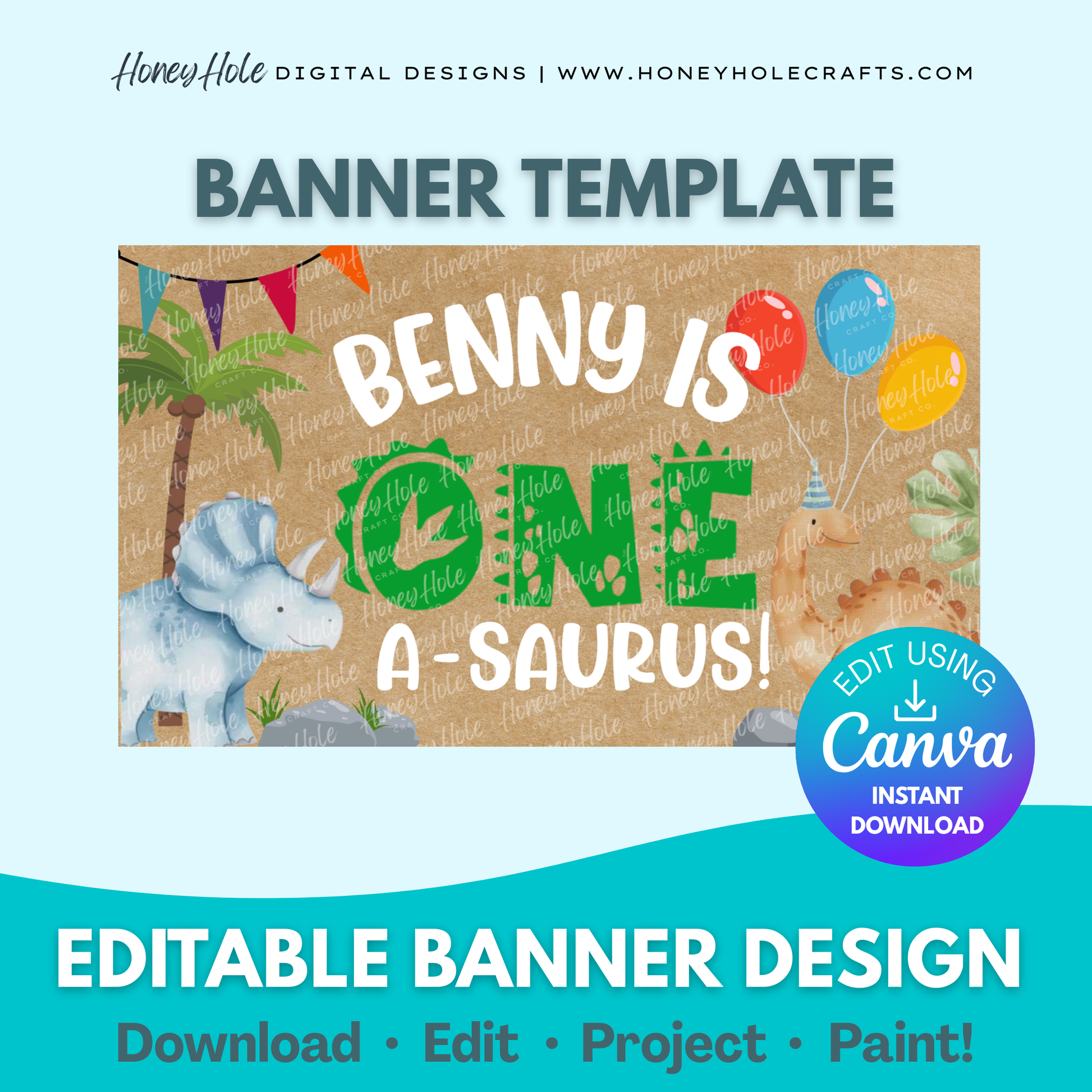 ONE-a-saurus Birthday Template | Dinosaur Party, Triceratops, Brown Paper | Editable digital banner template made by Honey Hole Crafts | Available at honeyholecrafts.com