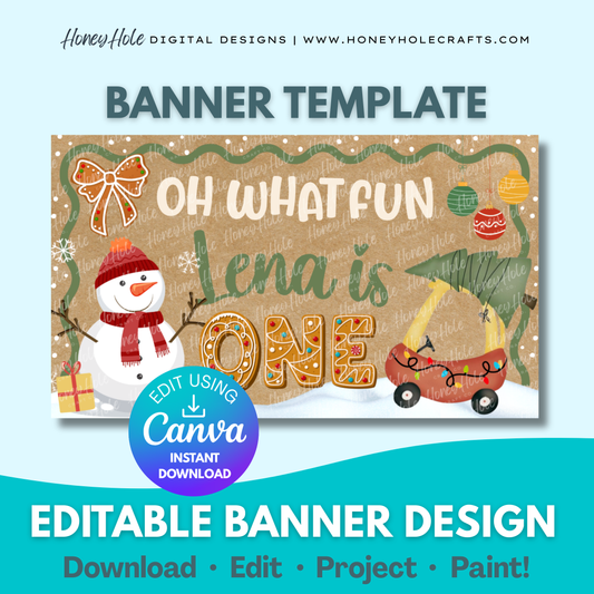 Christmas Birthday Template | Snowman, Presents, Brown Paper | Editable digital banner template made by Honey Hole Crafts | Available at honeyholecrafts.com