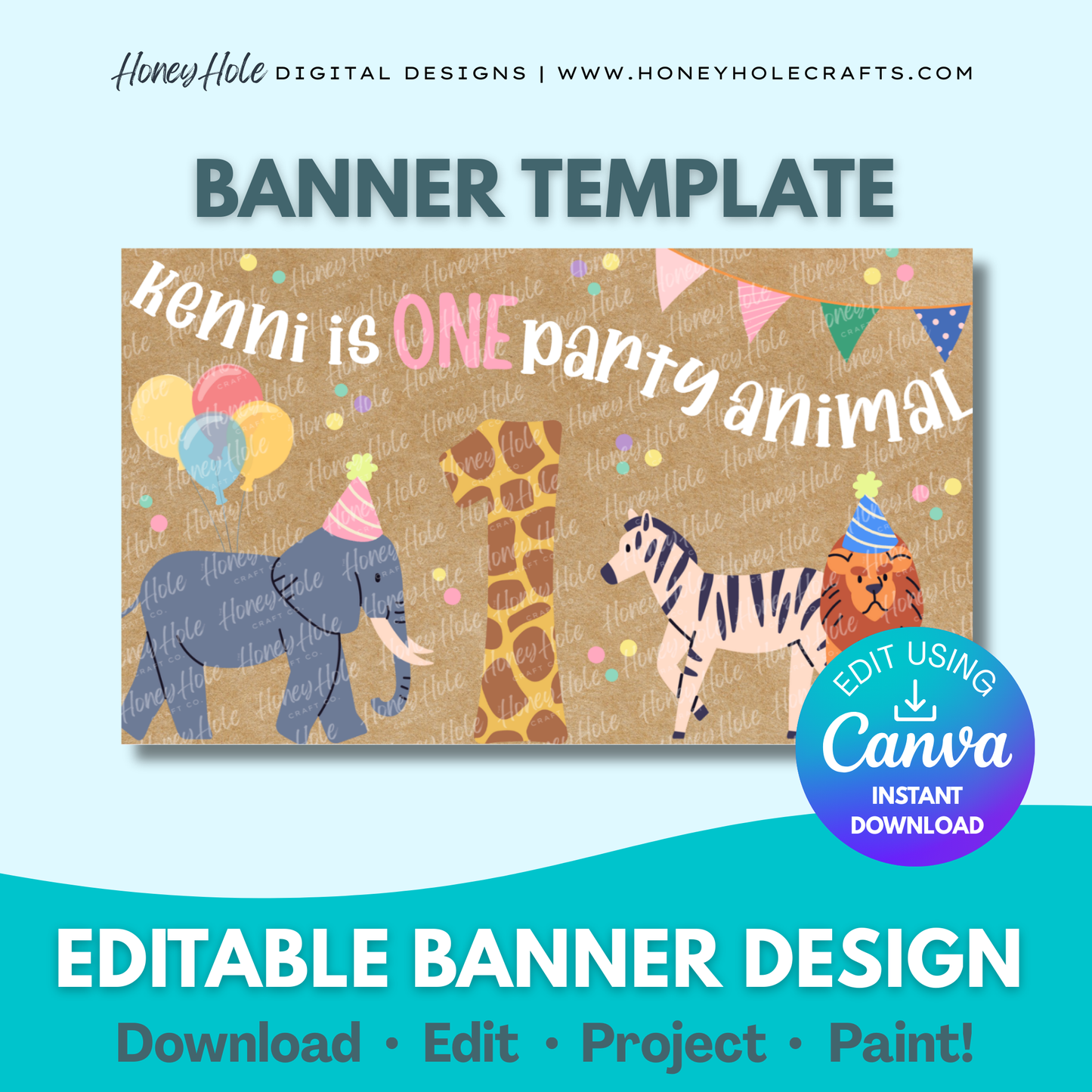 One Party Animal Birthday Template | Zoo, Giraffe, Zebra, Elephant, Brown Paper | Editable digital banner template made by Honey Hole Crafts | Available at honeyholecrafts.com