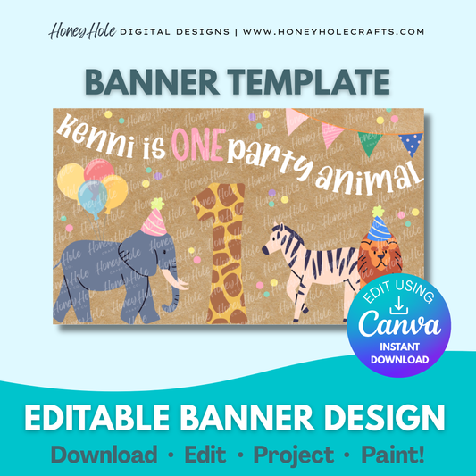 One Party Animal Birthday Template | Zoo, Giraffe, Zebra, Elephant, Brown Paper | Editable digital banner template made by Honey Hole Crafts | Available at honeyholecrafts.com