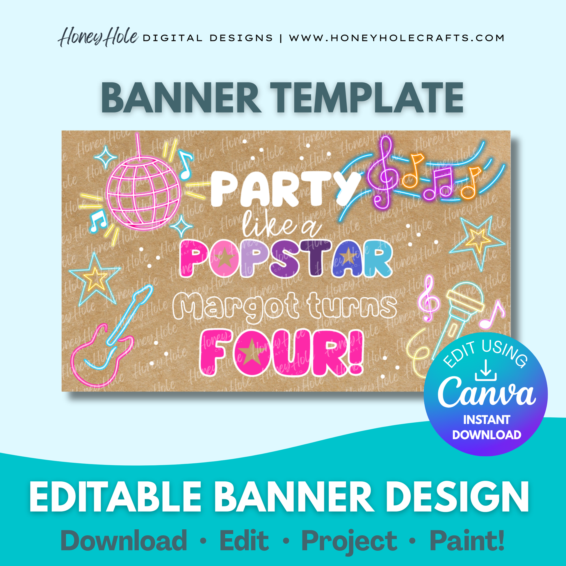 Party Like a PopStar Birthday Template | Singer, Neon Karaoke Party, Brown Paper | Editable digital banner template made by Honey Hole Crafts | Available at honeyholecrafts.com