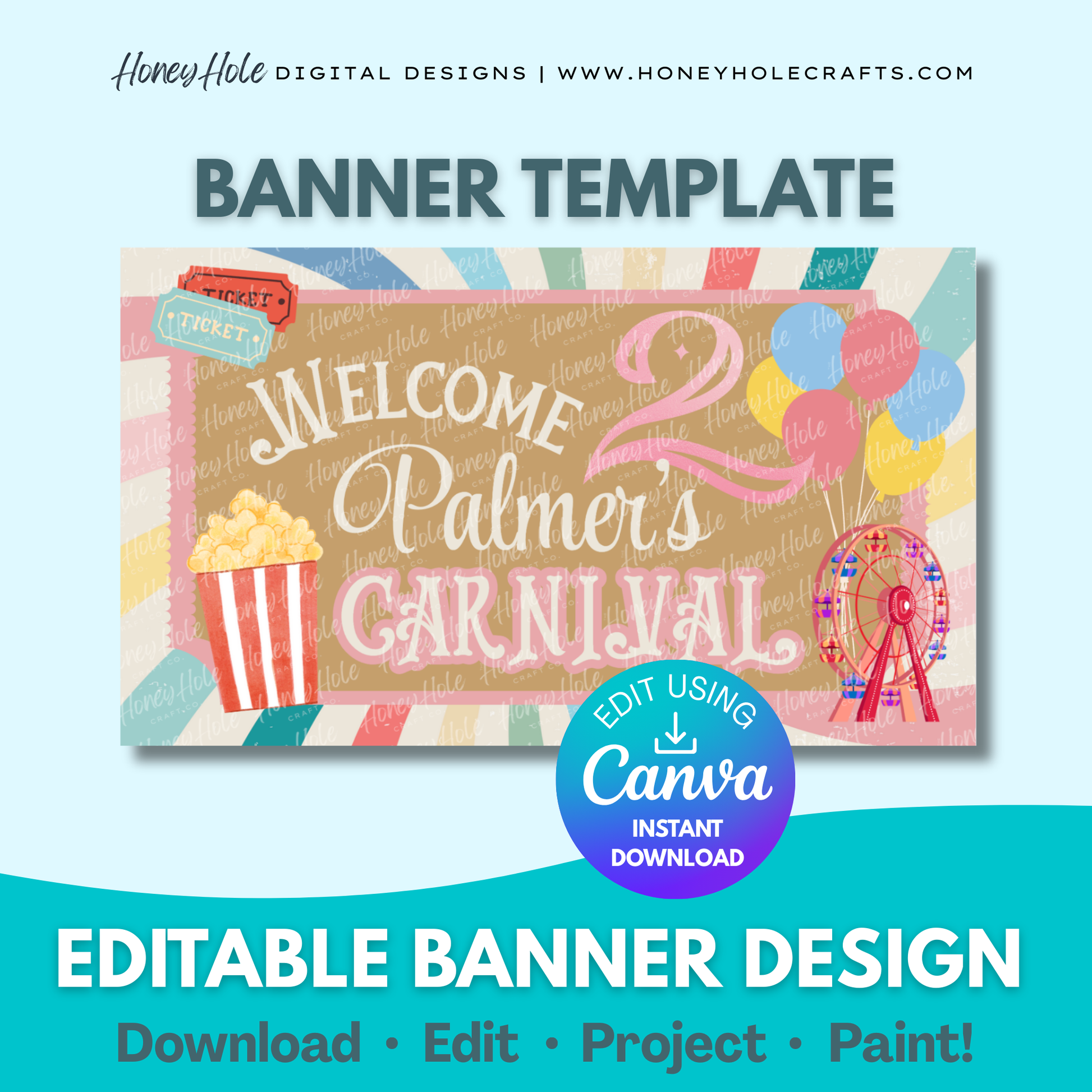 Pastel Carnival Birthday Banner Template | Pink Girls Circus, Ferris Wheel, Brown Paper | Editable digital banner template made by Honey Hole Crafts | Available at honeyholecrafts.com