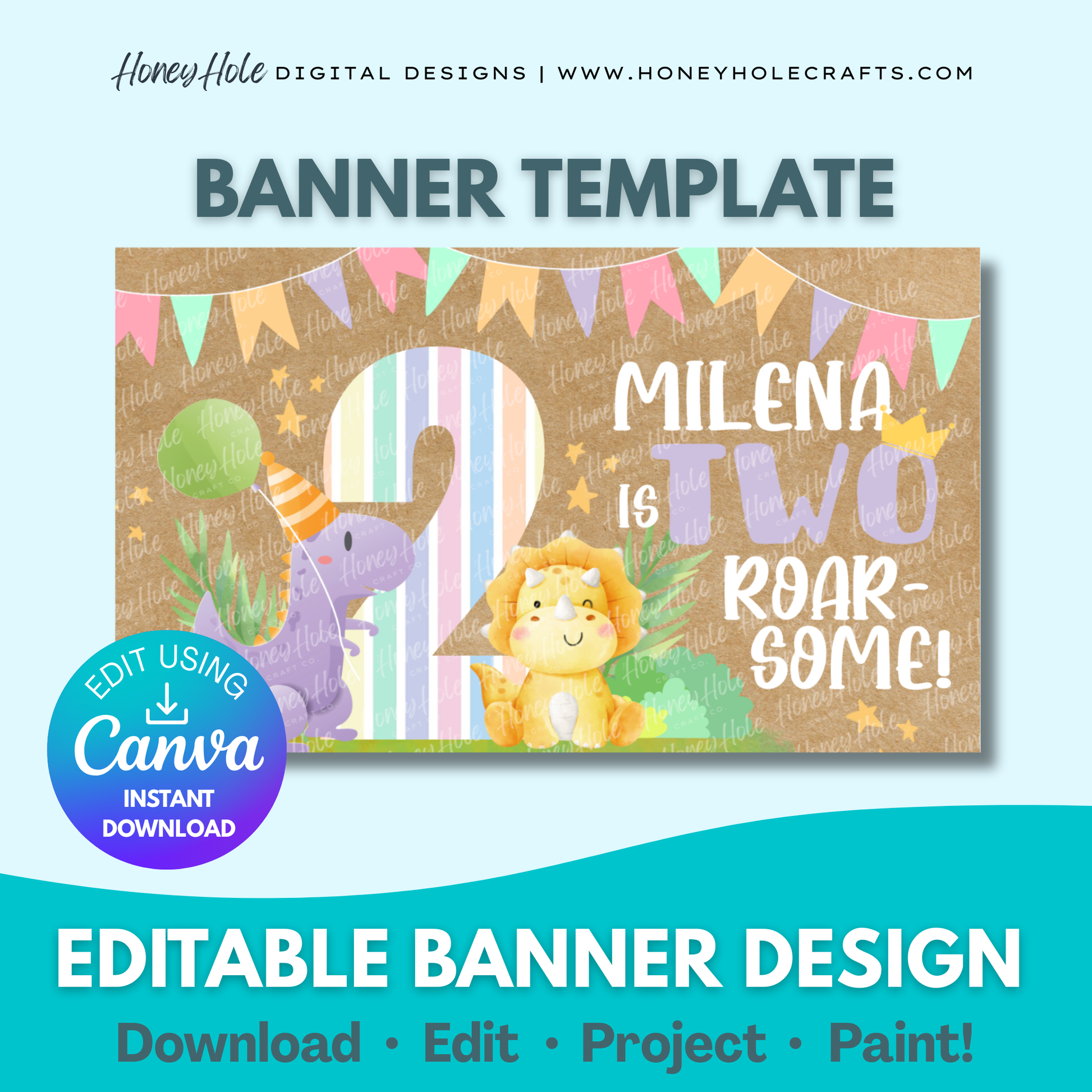 Pastel Dinosaur Birthday Template | Girl Dino, Brown Paper | Editable digital banner template made by Honey Hole Crafts | Available at honeyholecrafts.com