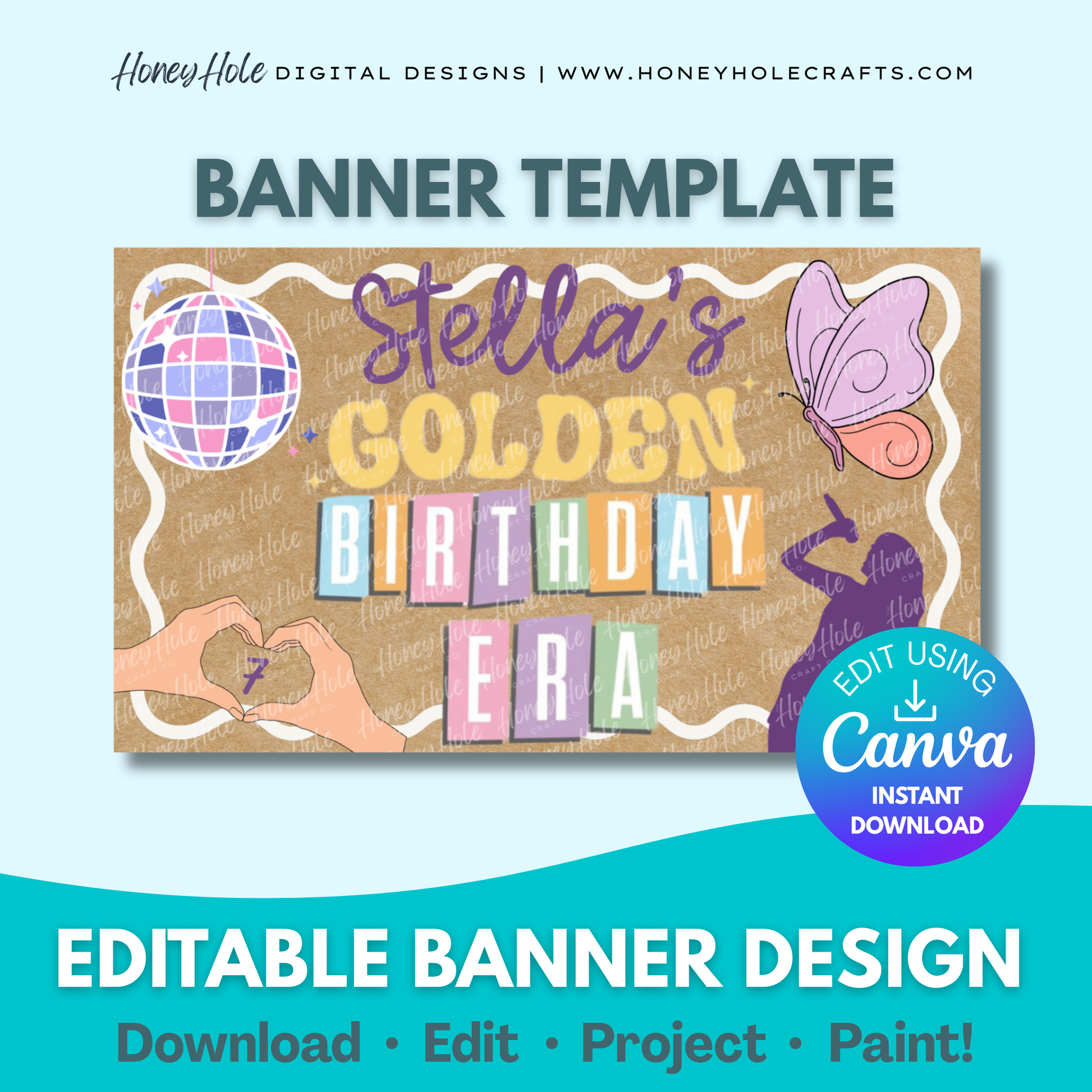 PopStar Golden Birthday Template | Swiftie, Eras, Brown Paper | Editable digital banner template made by Honey Hole Crafts | Available at honeyholecrafts.com