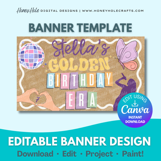 PopStar Golden Birthday Template | Swiftie, Eras, Brown Paper | Editable digital banner template made by Honey Hole Crafts | Available at honeyholecrafts.com
