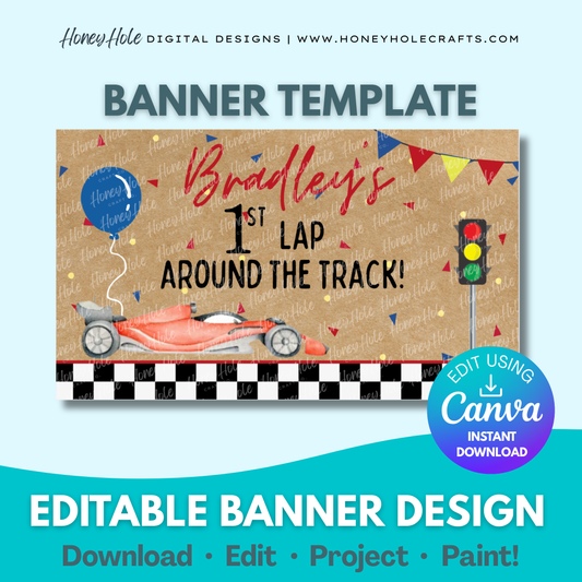 Race Car Birthday Banner Template | F1 Racing Party, First Lap Party, Brown Paper | Editable digital banner template made by Honey Hole Crafts | Available at honeyholecrafts.com