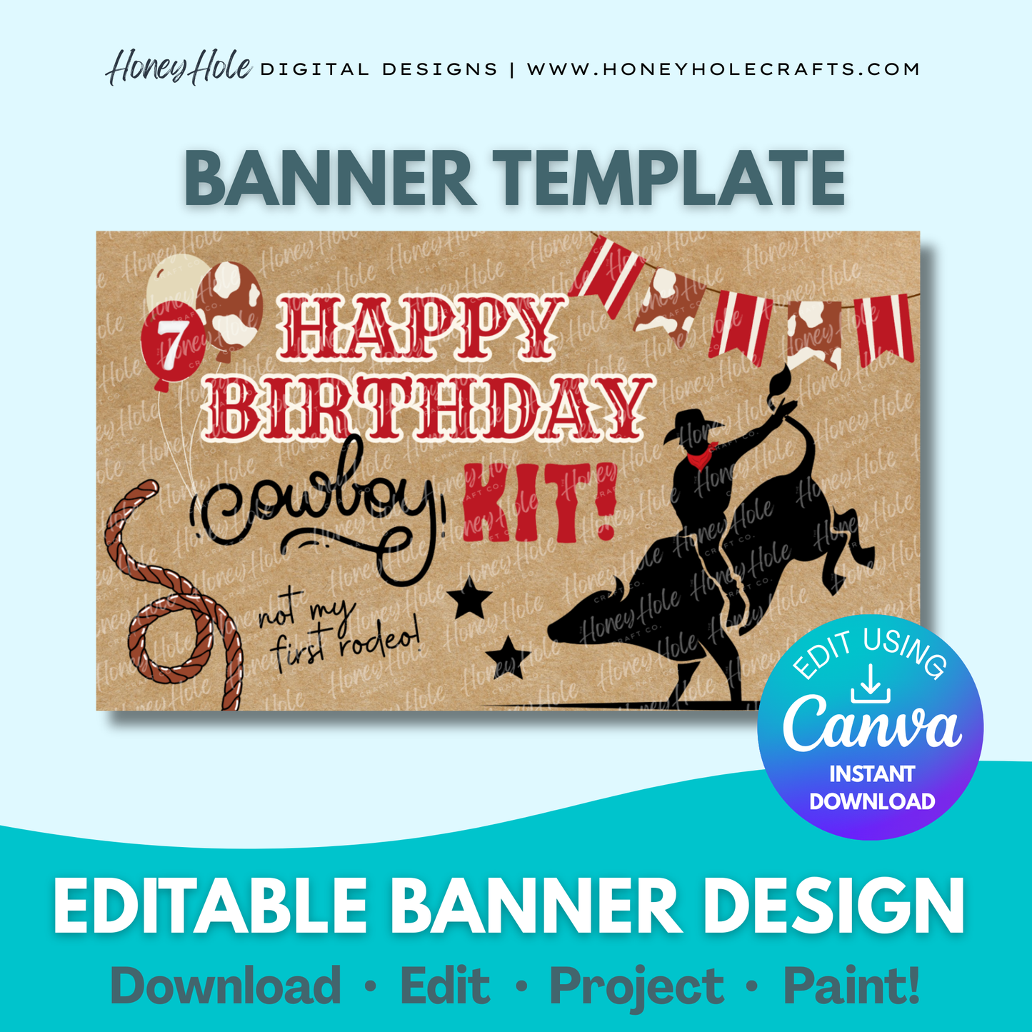 Rodeo Cowboy Birthday Template | Bull Riding, Western, Brown Paper | Editable digital banner template made by Honey Hole Crafts | Available at honeyholecrafts.com