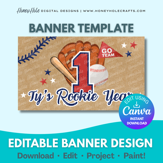Rookie Year Birthday Template | Baseball, Bat, Ball Glove, 1st Boy Party, Brown Paper | Editable digital banner template made by Honey Hole Crafts | Available at honeyholecrafts.com