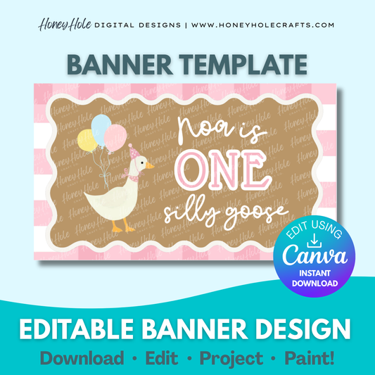 Silly Goose Birthday Template | Pastel Girly Gingham, Brown Paper | Editable digital banner template made by Honey Hole Crafts | Available at honeyholecrafts.com