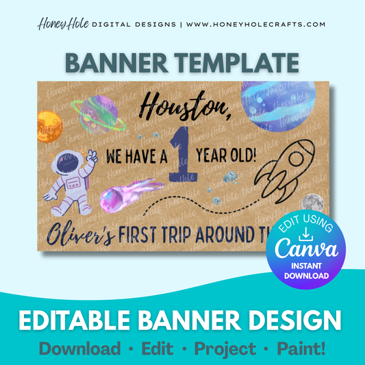 Space-themed birthday banner template with astronaut, planets, and rocket on a brown paper background. | Editable digital banner template made by Honey Hole Crafts | Available at honeyholecrafts.com