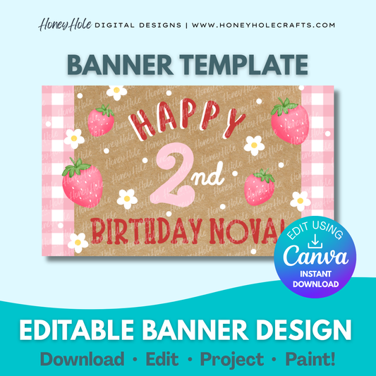 Strawberry Birthday Template | Daisy, Pink Gingham, Fruit, Brown Paper | Editable digital banner template made by Honey Hole Crafts | Available at honeyholecrafts.com