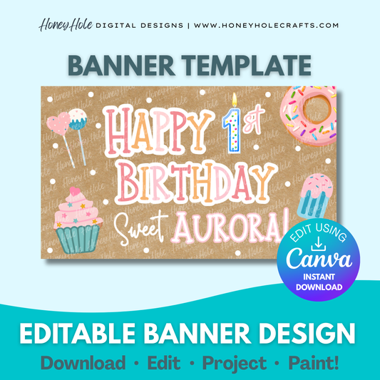 Sweet Birthday Template | Donut, Cupcake, Dessert, Brown Paper | Editable digital banner template made by Honey Hole Crafts | Available at honeyholecrafts.com